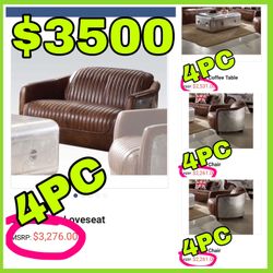 Beautiful New 4 Piece 100% Genuine Leather Sofa Set With Aluminum Design(1 Loveseat , 2 Chairs , 1 Coffee Table) Only $3,500!!! Original Price $10,329
