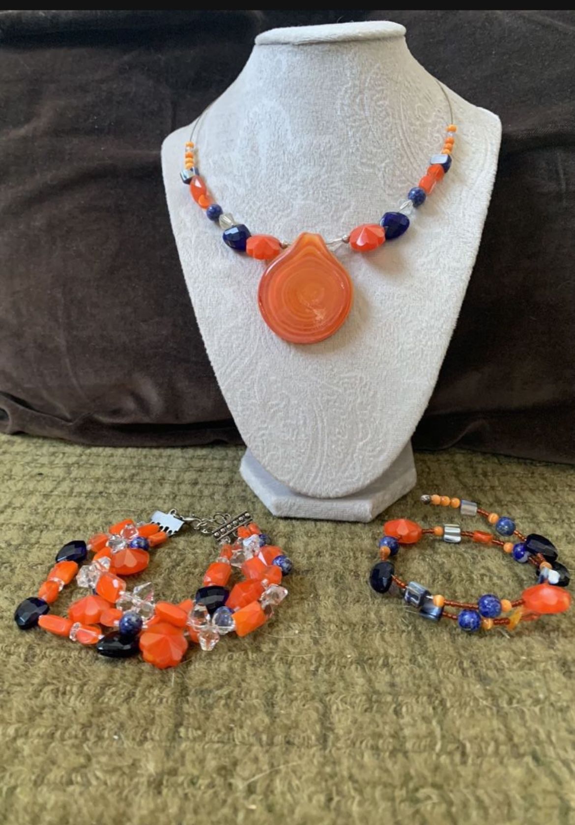 Orange Bead Choker Necklace W/ Two Different Matching Bracelets 