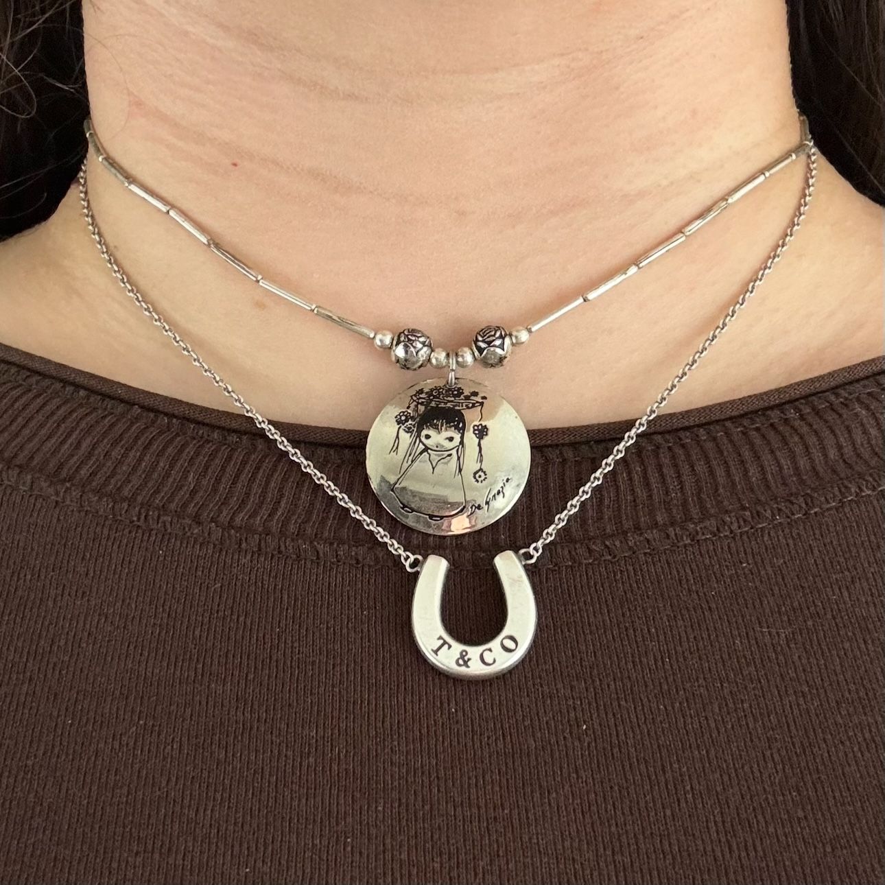 Vintage 70s Silver Tone Ted De Garzia Native Girl Beaded Pendant Necklace