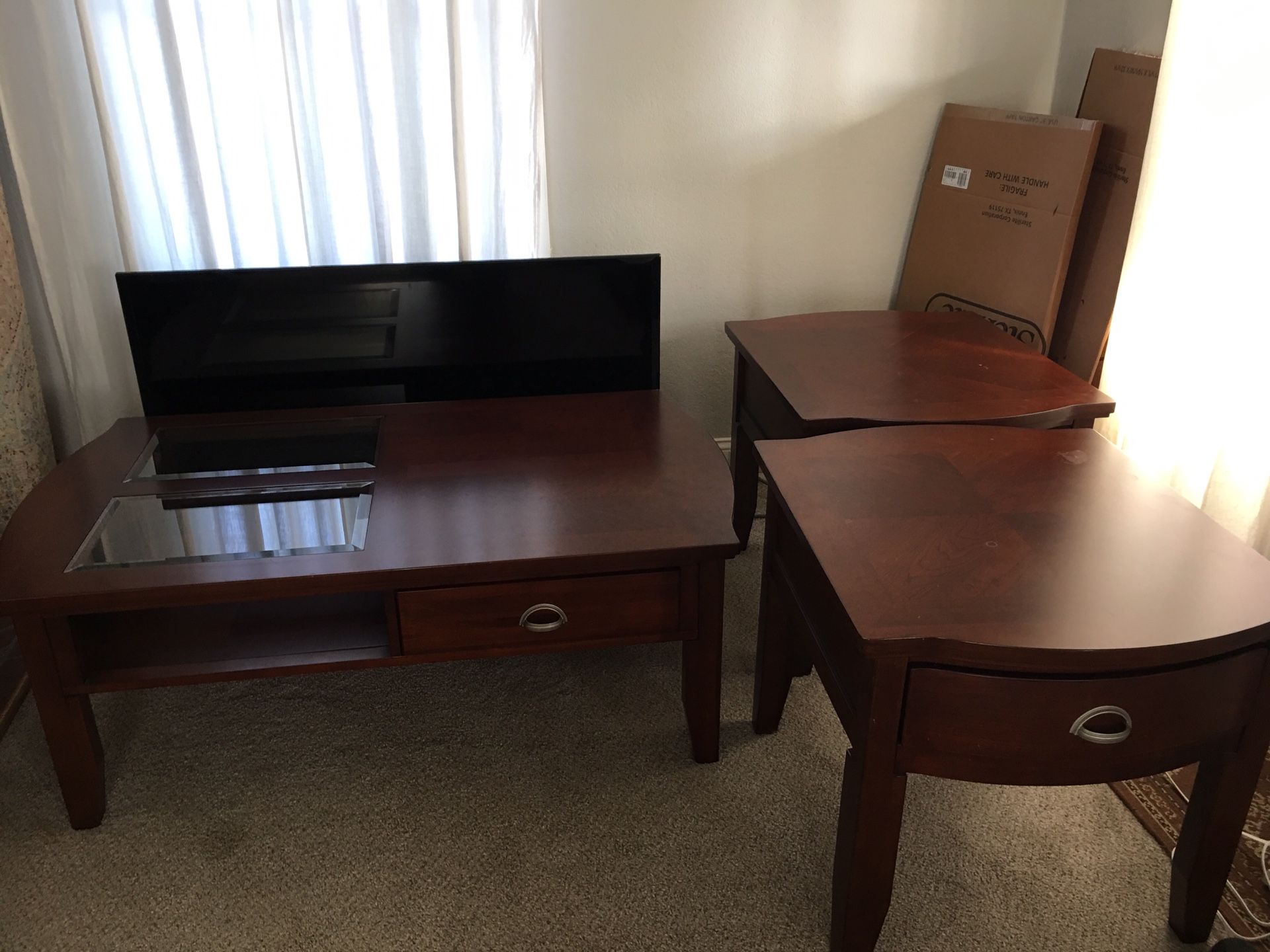 Solid cherry coffee table with end tables