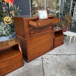 Antique Solid Wood Dresser With Two Nightstands 