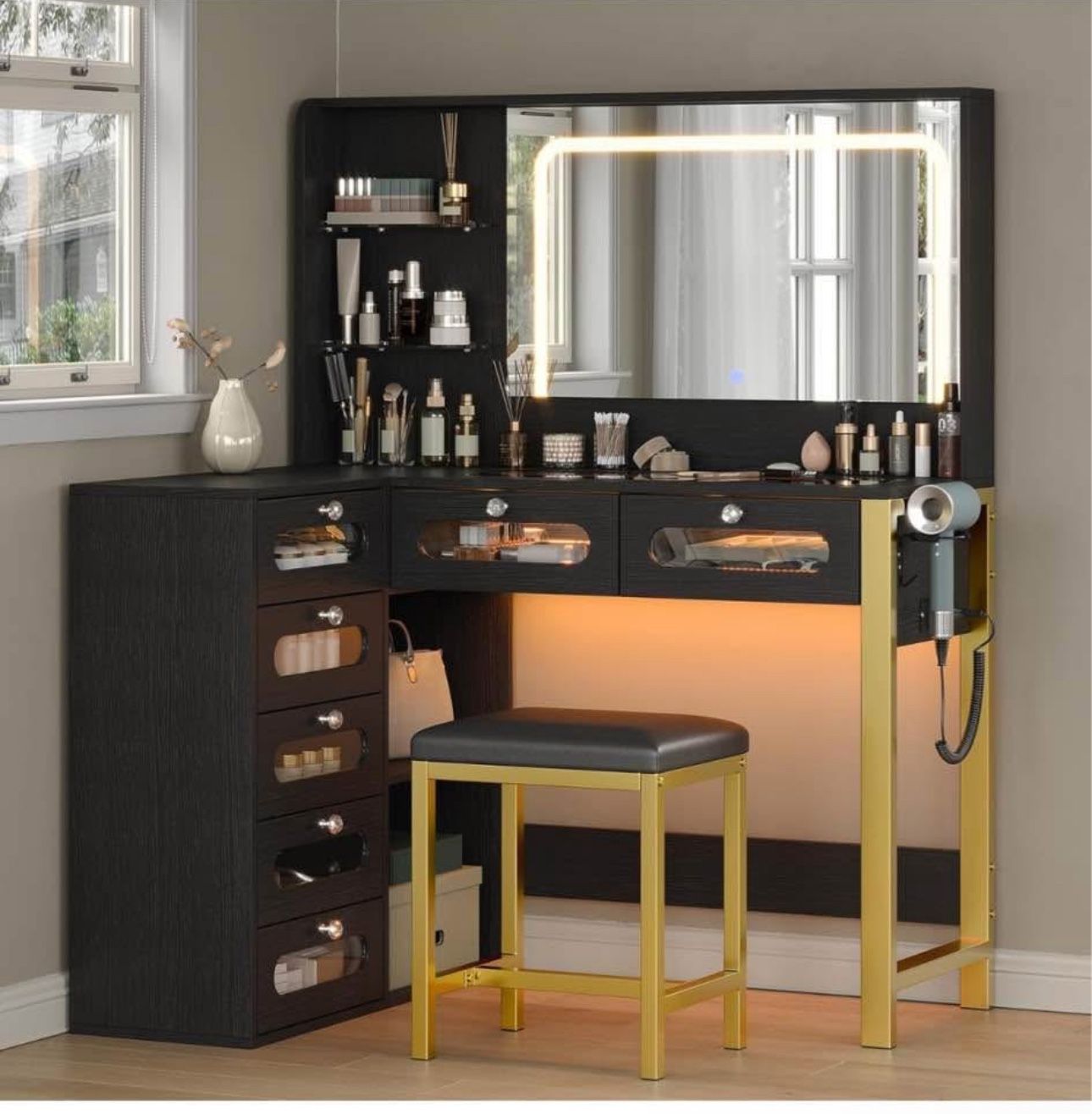 Vanity Desk with Mirror and Lights, 43" Big Modern Vanity Desk, Transparent Top Vanity with 2 RGB Drawers