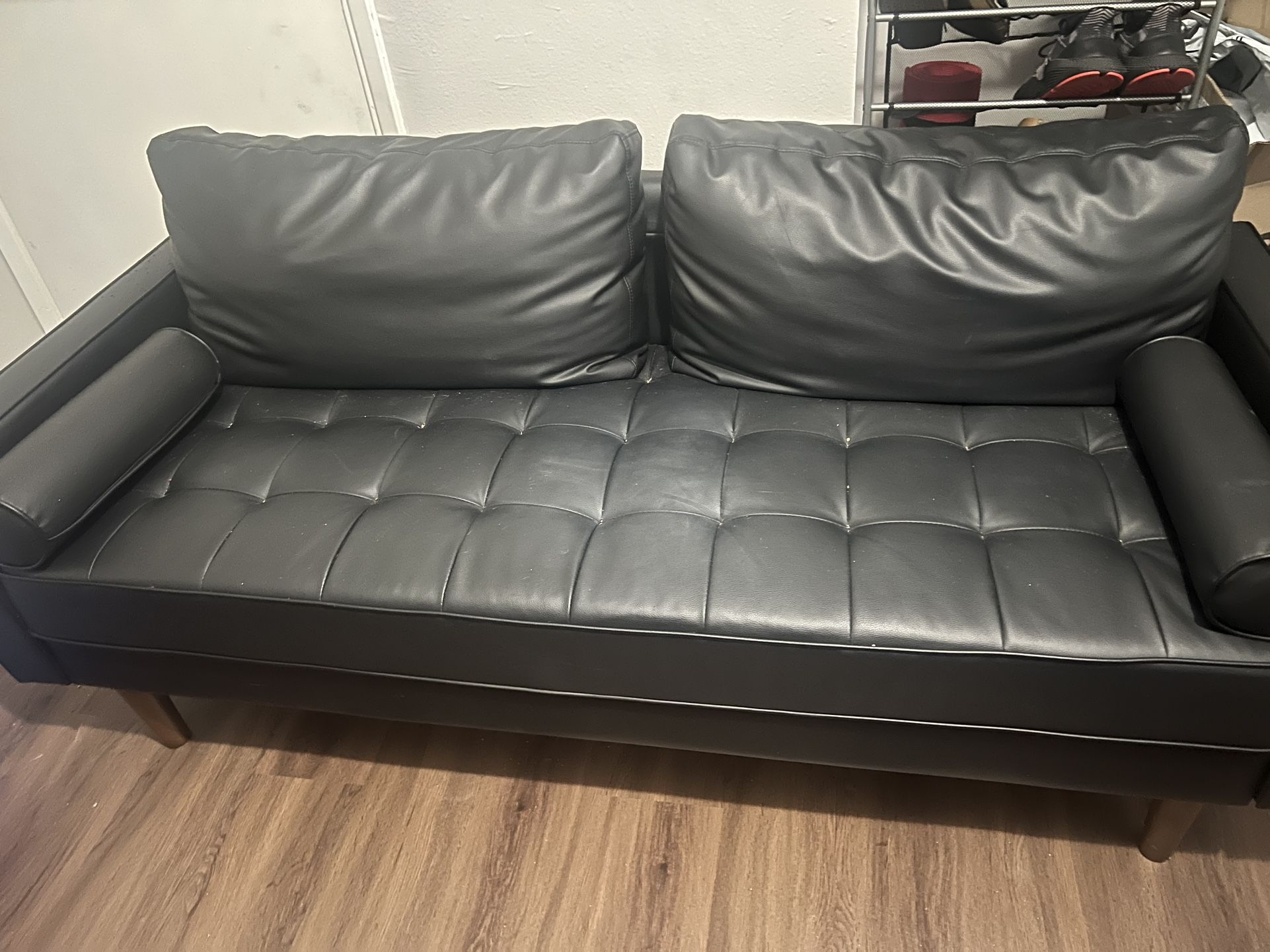 Vintage Black PU Leather Sofa with Tufted Seat