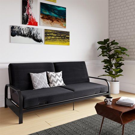 Mainstays Metal Arm Futon, Black Metal Frame with Black Mattress Black - Full