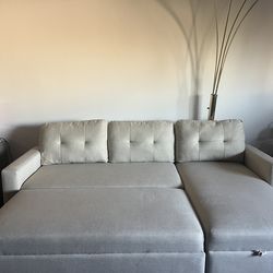 Beige L-Shaped Pullout Sleeper Couch with Storage