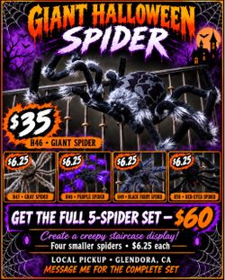 Giant Halloween Spider – $35 | Complete 5-Spider Set $60