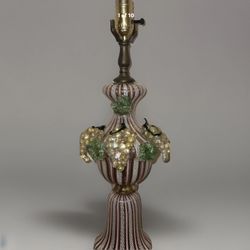 RARE MURANO HAND BLOWN GLASS LAMP ADORNED WITH GLASS GRAPE CLUSTERS, LATTICINO