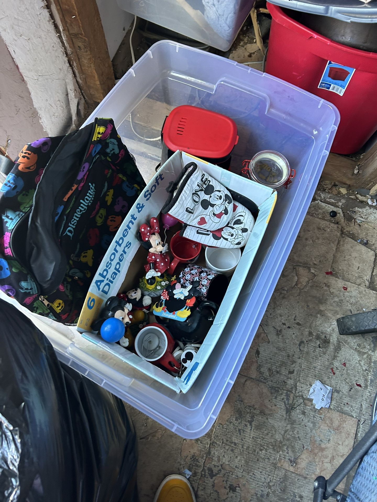 Mickey Mouse, lots of stuff, decoration stuff, stuffed animals and everything that you can think of