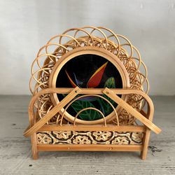 Vintage tropical floral rattan bamboo 6 coasters with holder.  