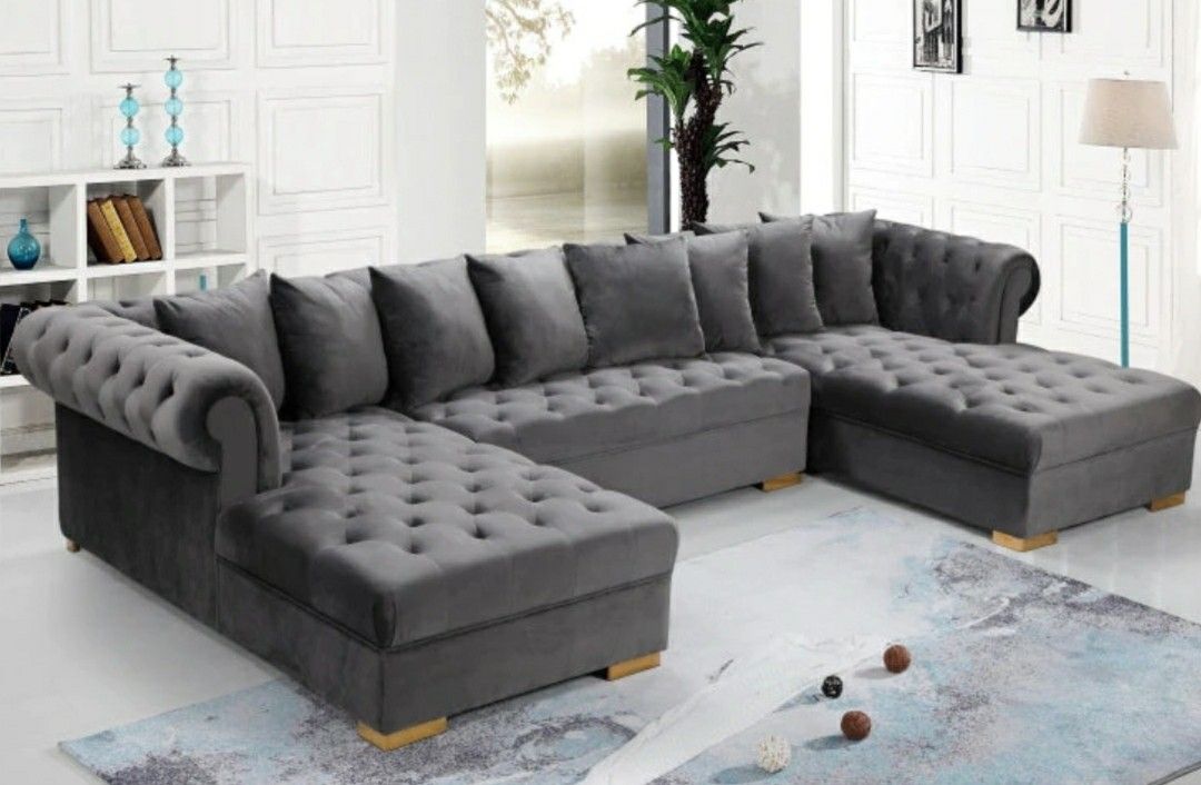 Presley 3-Piece Velvet Double Chaise Grey Sectional