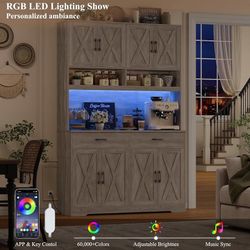 75" Tall Kitchen Pantry Storage Cabinet, 45" W Hutch Cabinet, Grey Farmhouse Pantry Cabinet with Charging Station / LED Lights / Countertop, Wood Kitc