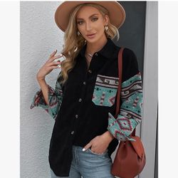 Womens Aztec Print Corduroy Shacket Jacket Long Sleeve Button Down Cardigan Shirt Oversized Tops Sweater With Pocket