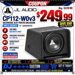 JL Audio W0v3 Bass System 12" Subwoofer 12W0v3 600 Watts CP112-W0V3 Custom Ported BassWedge Box