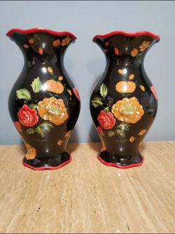 Beautiful Pair of Black Porcelain With Red Floral Paint Red Rim Flower Vase