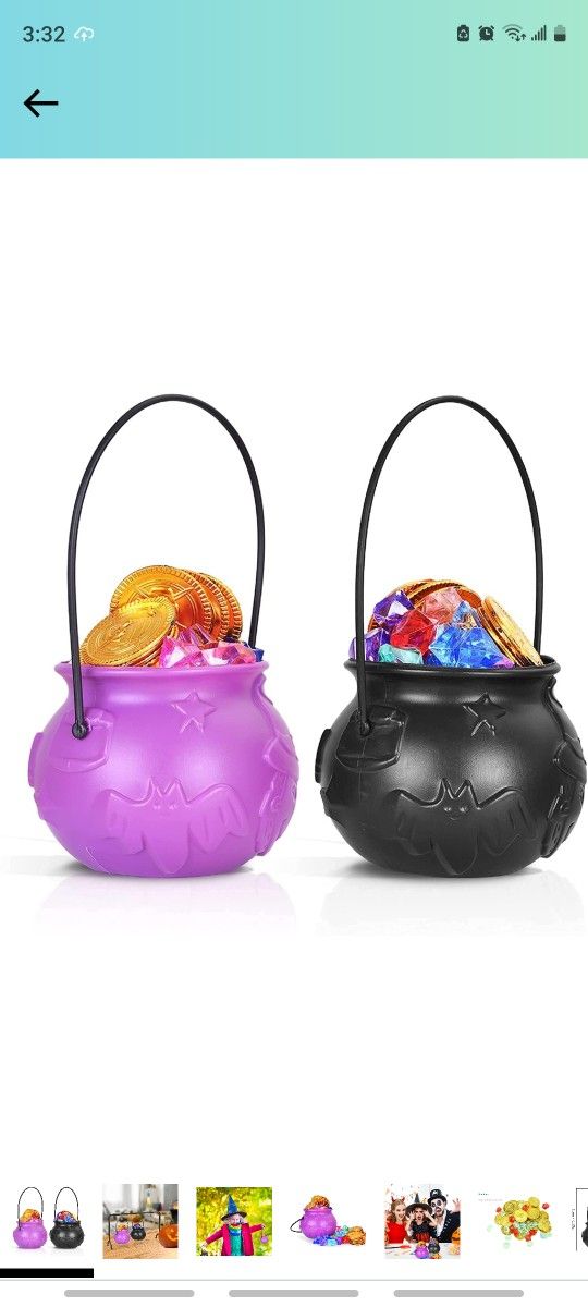 Toyanuo Halloween Decor Coldren, 2pcs Mini Cauldron Candy Kettle Black & Purple Cauldron, 48pc Gem & Gold Coin (2PC/Set)