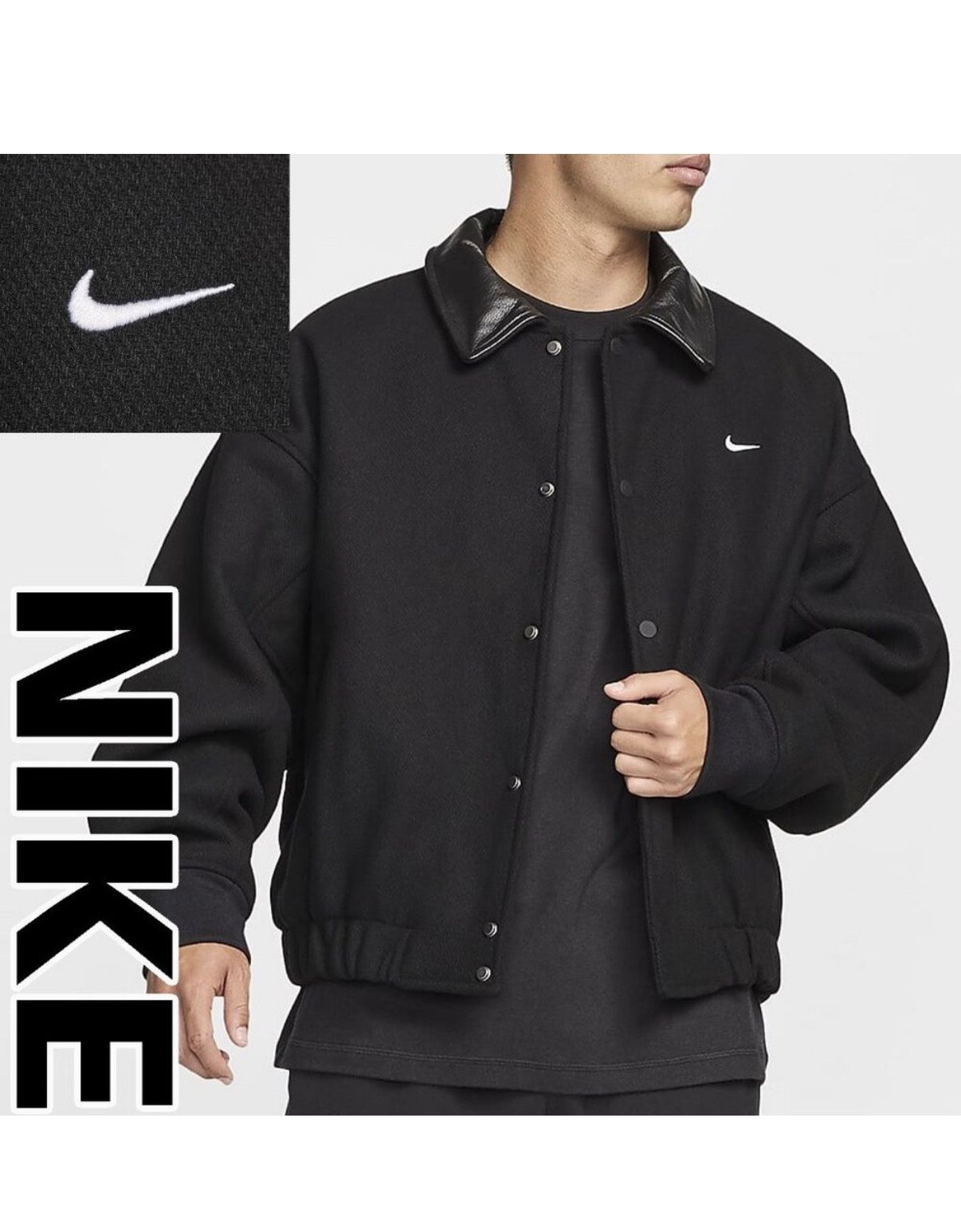 Nike Solo Swoosh Wool Varsity Jacket Leather Black FZ1168 010 Men