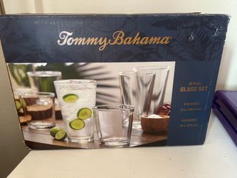 TOMMY BAHAMA 16-PC Glass SET Clear Glasses 13 Oz & 16 Oz in ORIGINAL BOX. valid till June 10th.