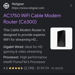 Netgear
AC1750 WiFi Cable Modem Router (C6300)