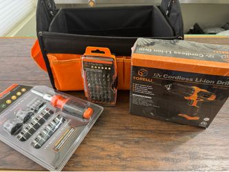 Torelli brand tool kit with bag cordless drill, socket& bit driver, bits 4pc set NEW