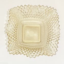 Vintage Yellow Glass Clear Square Ruffled Edge Candy Nut Dish - ~7” x 7” 