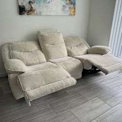 Beige Dual Power Reclining Sofa + cushions