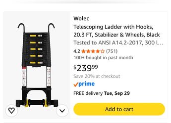 Wolec Telescoping Ladder With Hooks, 20.3 FT