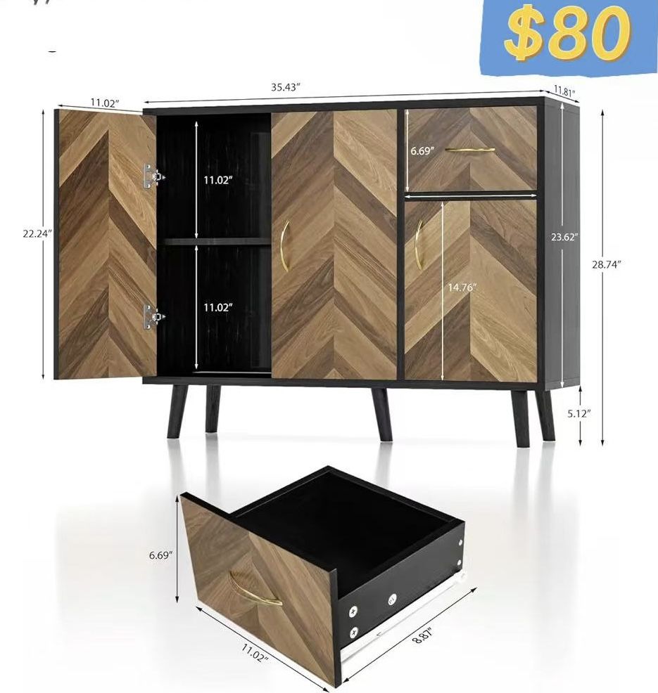 ✌️ Likein Sideboard Buffet Cabinet with Storage & 3 Doors, 35" Long Mid-Century Modern Sideboard with Drawer, Hallway Credenza Storage Cabinets