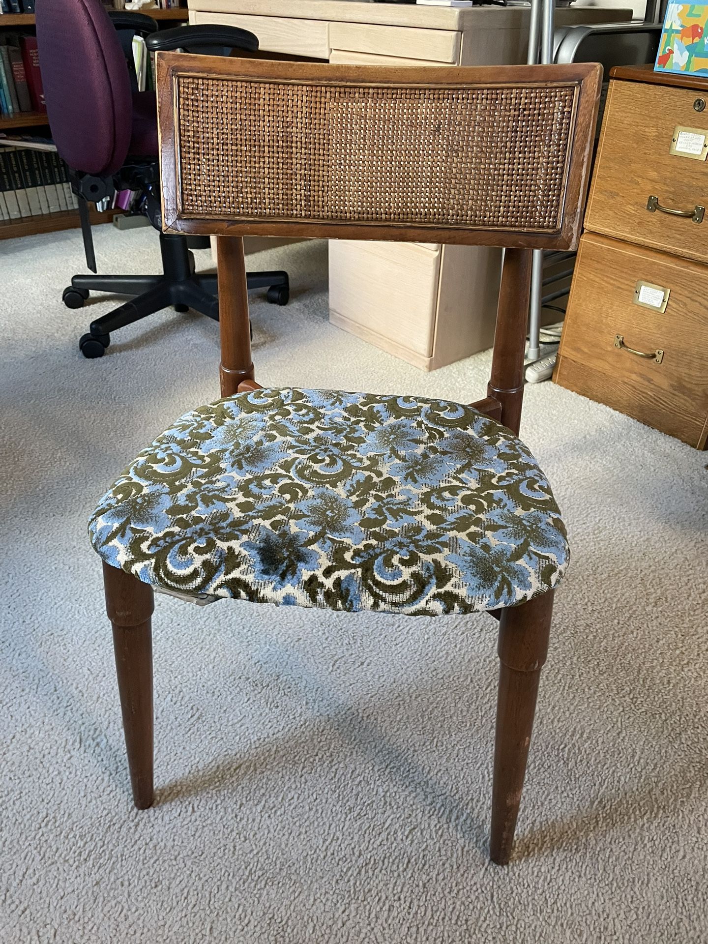 Lovely Small Vintage Cane-back Chair With Blue $ Green Pattern Cushion Seat