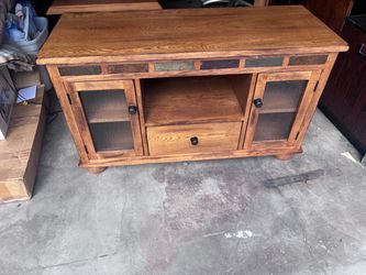 Wood TV Stand with Glass Cabinet Doors