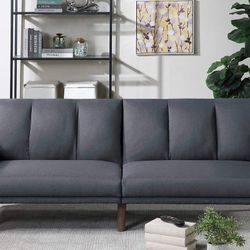 MID CENTURY MODERN BLUE GREY POLYFIBER FUTON SOFA ADJUSTABLE BED - SILLON CAMA