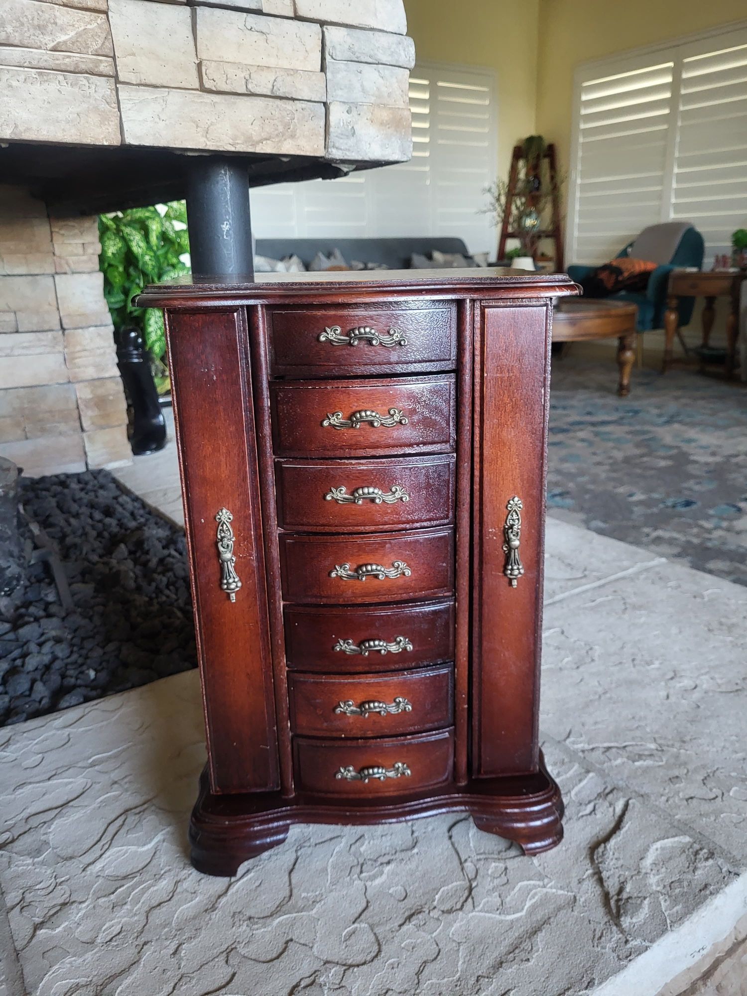 Vintage Wood Jewelry Box 7 Drawer Two Doors Mirror