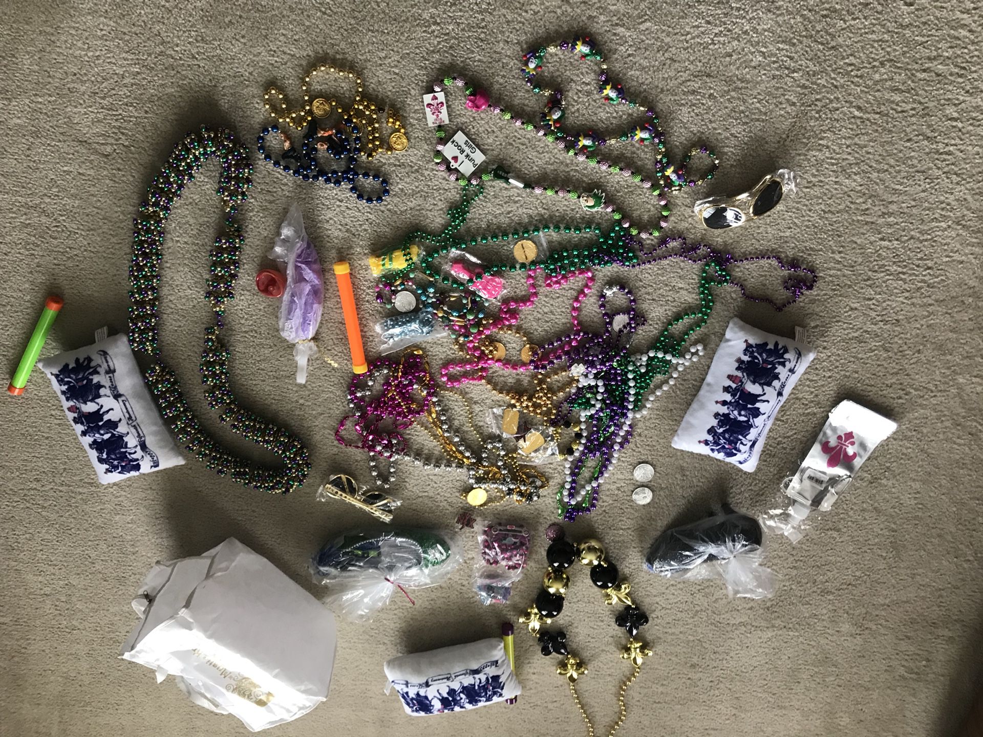 Marci Gras Beads, shoes, pillows
