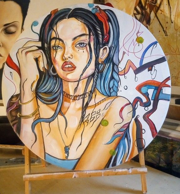 "Melissa" Oil And Acrylic On MDF, Round Original Painting,