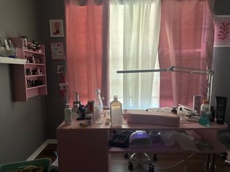 Pink Nail Tech Desk with Wall Shelf