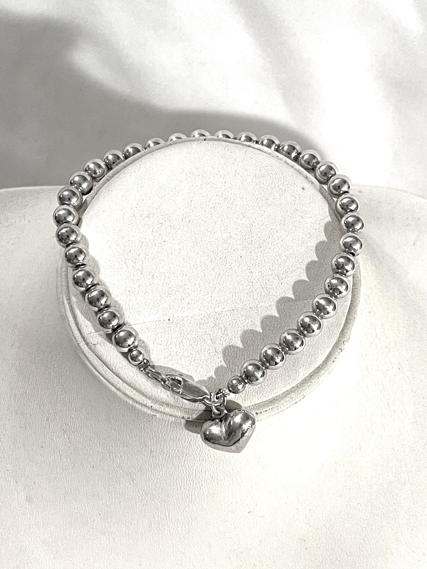 Brand New From Italy 7” .925 Silver Bead Strand Bracelet With Silver Heart Pendant 