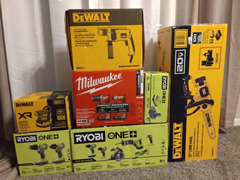Brand New Dewalt, Milwaukee, And Ryobi Power Tool Kits.
