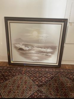  Beach Oil Painting SIGNED FRAMED AUTHENTICATED BY WAKEFIELD 28” X 24” Ocean Waves Crashing On Beach at Sunset