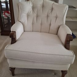 Cream Tufted Armchair with Wood Accents