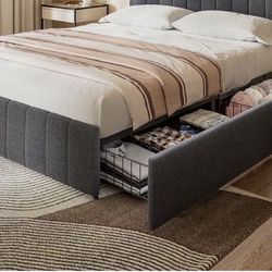 KING or QUEEN Upholstered Bed Frame With 4 Storage drawers