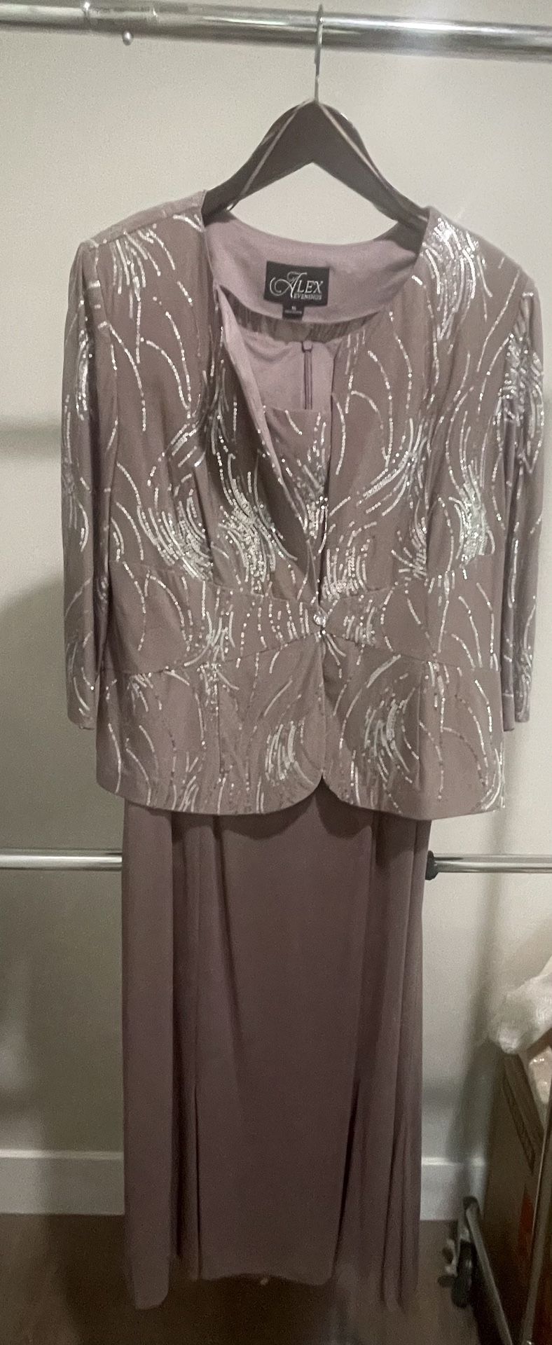 Tea-Length Firework Sequin Jacket Dress with Godet Detail Mesh Skirt, 16, Pewter Frost