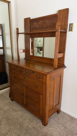 Antique Dresser - Victorian Quartersawn Oak Mirrored Chest of Drawers