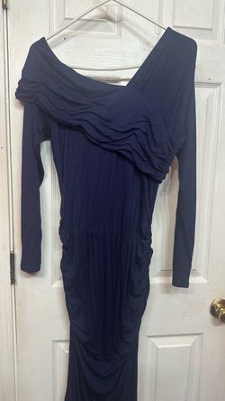 Venus Navy Blue Long Sleeve Ruched Draped Maxi Dress – Size Large