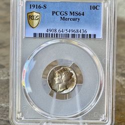 1916-S Mercury Dime PCGS MS64 Graded Silver Coin 