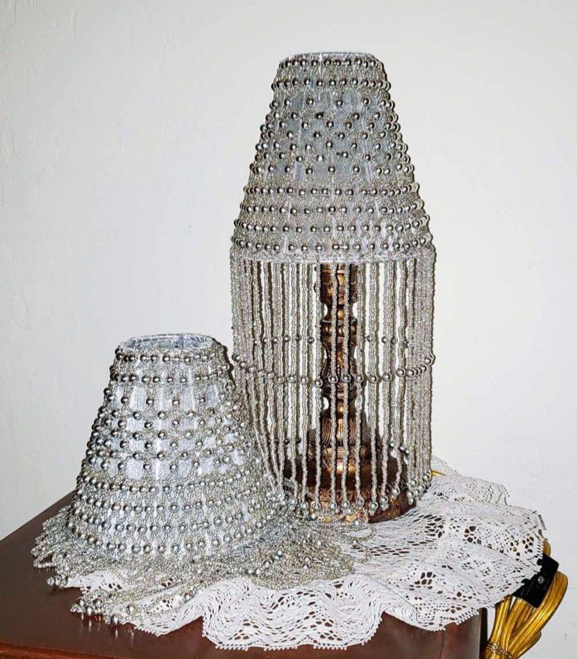X2 VINTAGE SEED BEAD PEARL SILVER BEADED FRINGE LAMP SHADE ACCENT DECOR