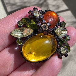 VTG Cabochon Acrylic Flower Rhinestone Japanned Brooch Pin 