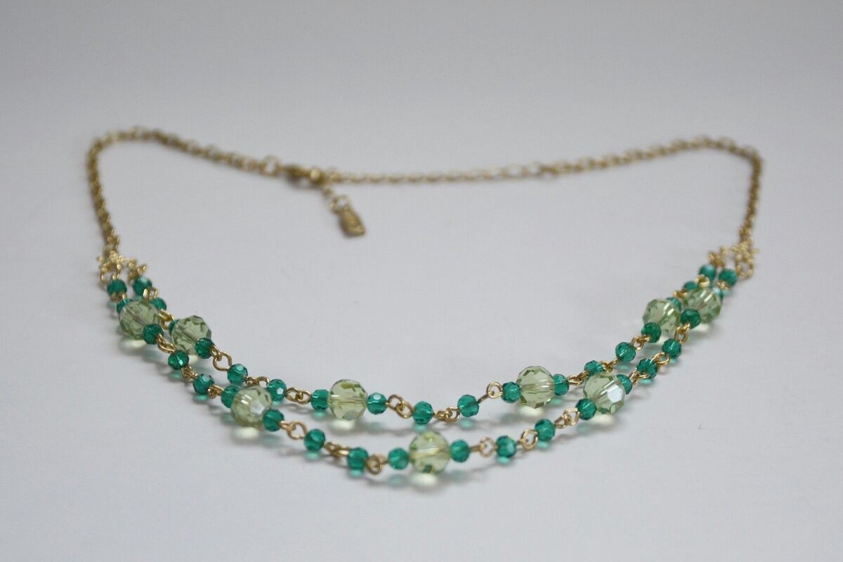 1928 Gold Tone Necklace Green Beads Double Chain