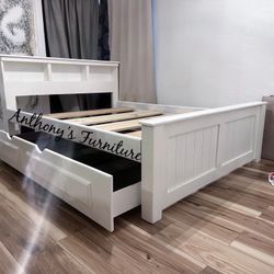 New White Queen Bed With Trundle Frame - No Mattresses 