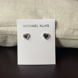 Michael Kors Sliver Tone Pave Logo Heart Charm Stud Earrings!