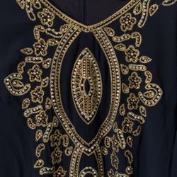 Navy Blue And Gold Embroidered Dress Flowy Sleeves Runs Big 