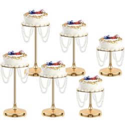 Gold Round Pearl Cake Stand, Dessert Table Metal Cake Display Stand Set with Pearl Pendant Wedding Birthday Cake Base Stand for Wedding Anniversary Bi